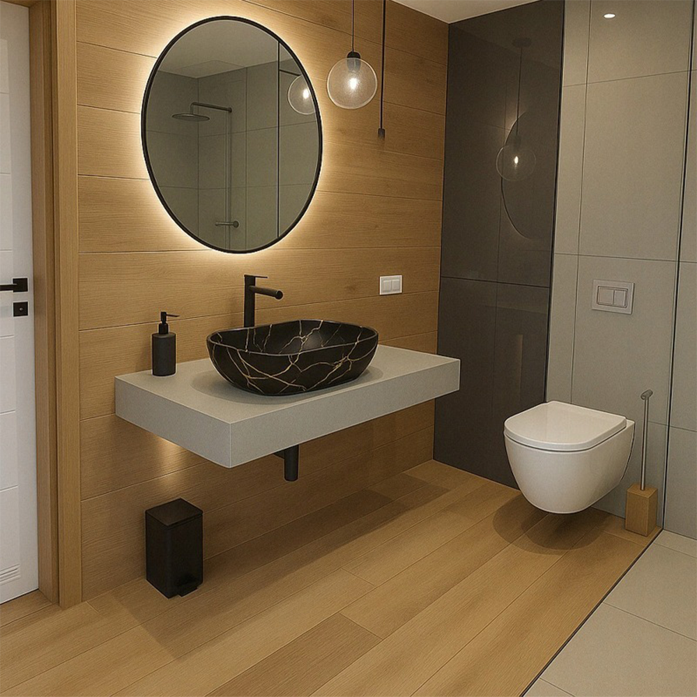 Umywalka z ceramicznym blatem – czarny matowy, efekt marmuru, 46,5 x 33 cm, nowoczesny design