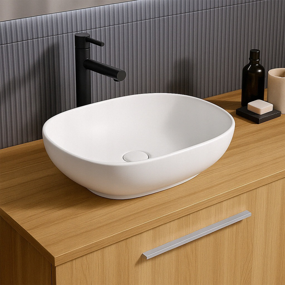 Umywalka ceramiczna, biała błyszcząca - 49x35 cm, nowoczesny design, owalny kształt