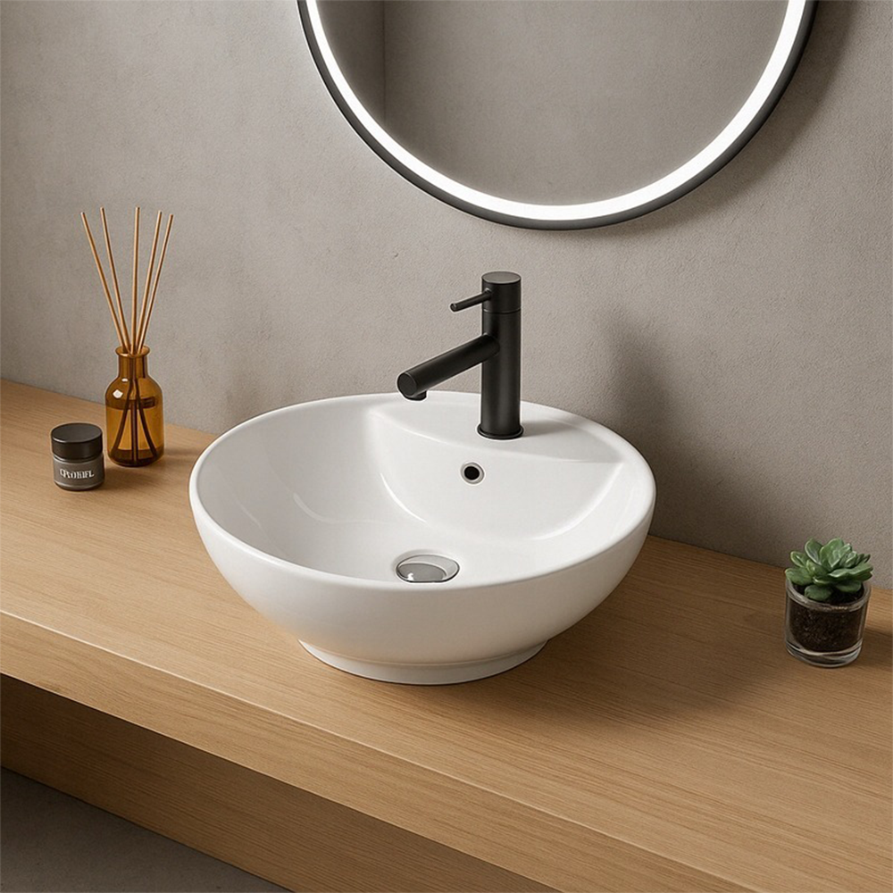 Owalna umywalka z białej ceramiki z przelewem – blat – 50x38 cm