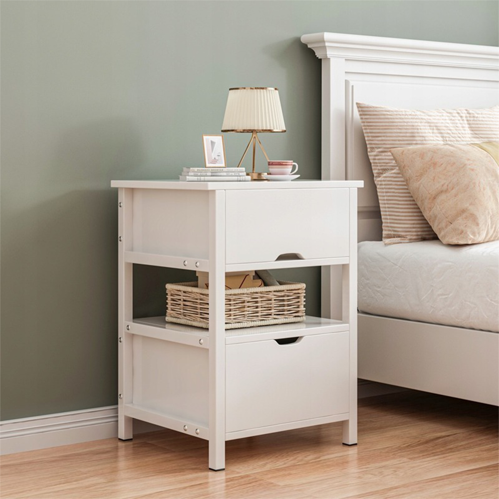 Biały stolik nocny z 2 szufladami – 45×38×55 cm – nowoczesny styl loftowy / skandynawski