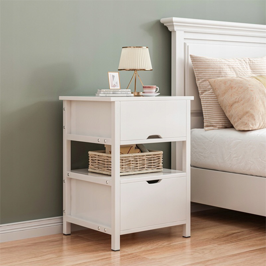 Biały stolik nocny z 2 szufladami – 45×38×55 cm – nowoczesny styl loftowy / skandynawski