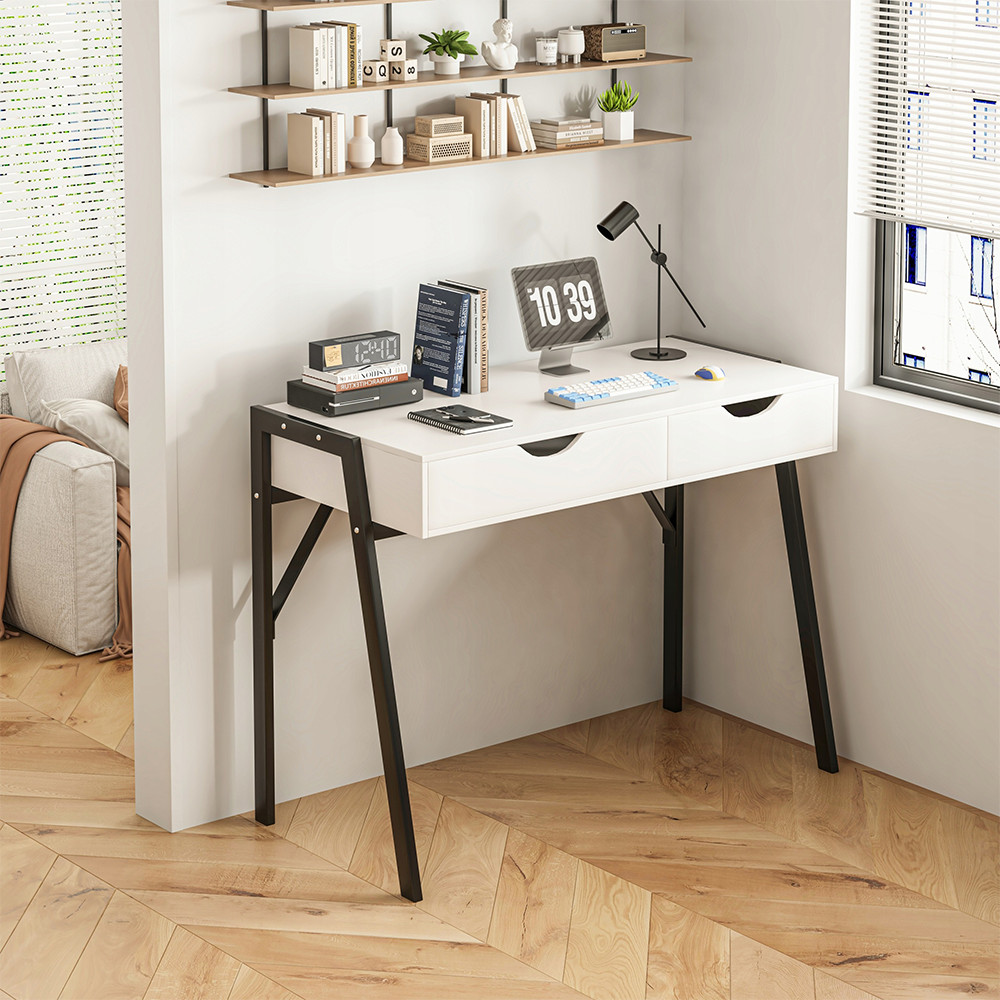 Nowoczesne biurko w kolorze białym matowym z szufladami i czarnymi metalowymi nogami – 80x40x90 cm