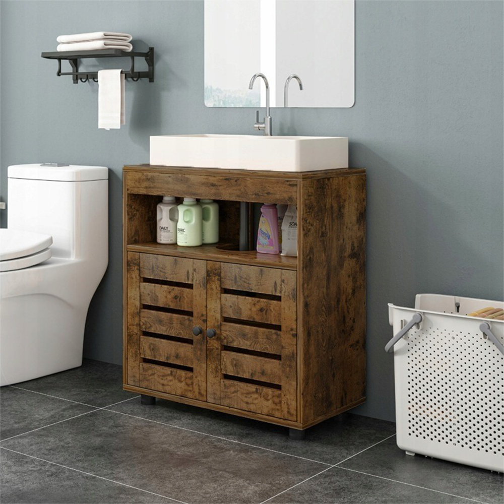 Szafka łazienkowa - 60 cm, brązowa rustykalna, z półkami i drzwiami