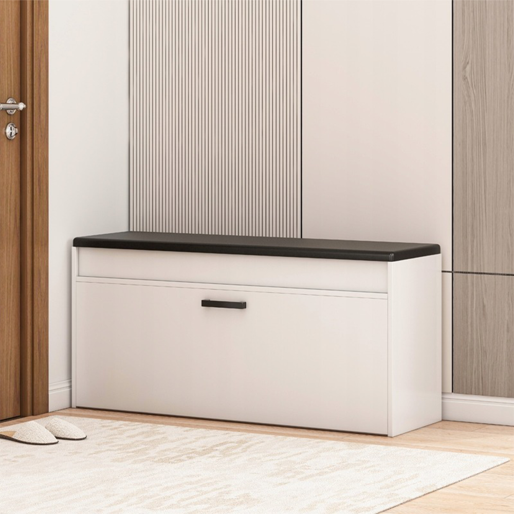 Biała szafka na buty z wyściełaną ławką i schowkiem – 100 x 49 x 35 cm
