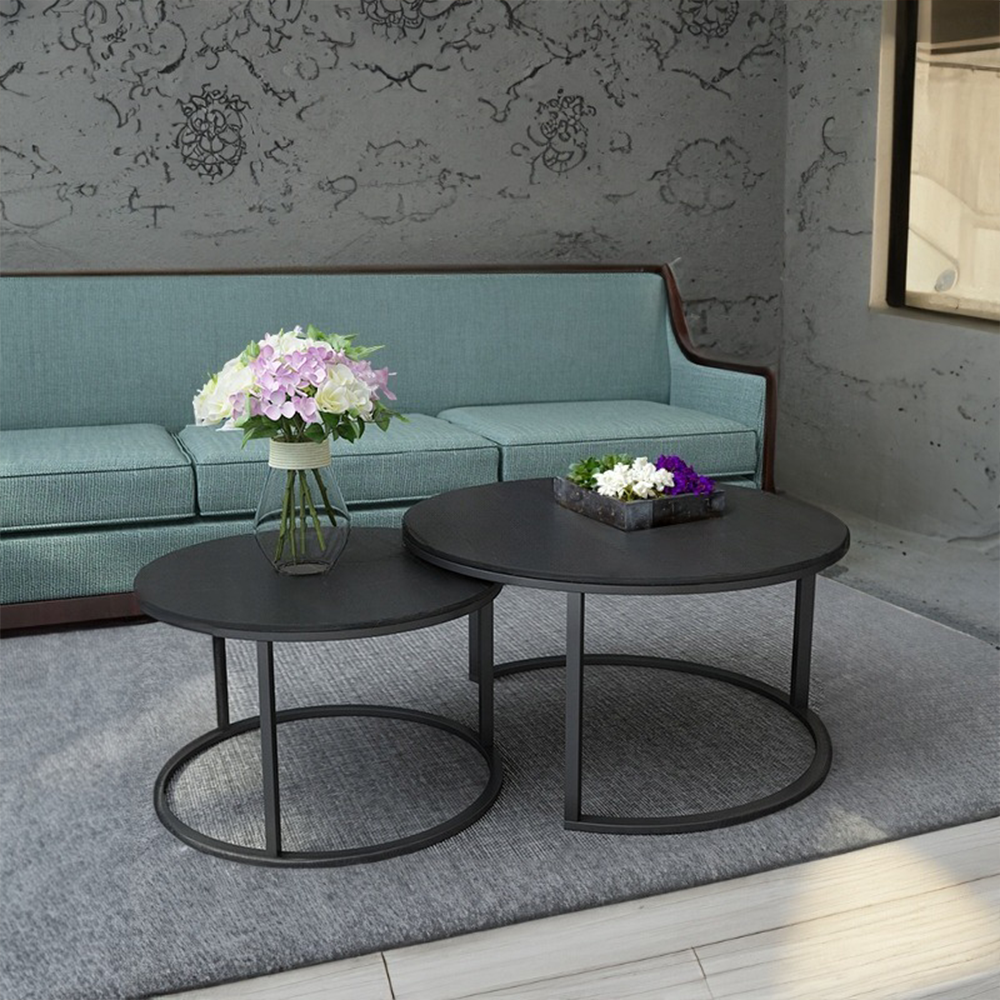 Zestaw 2 okrągłych stołów – MDF i stal, czarny, średnica 80 cm i 60 cm