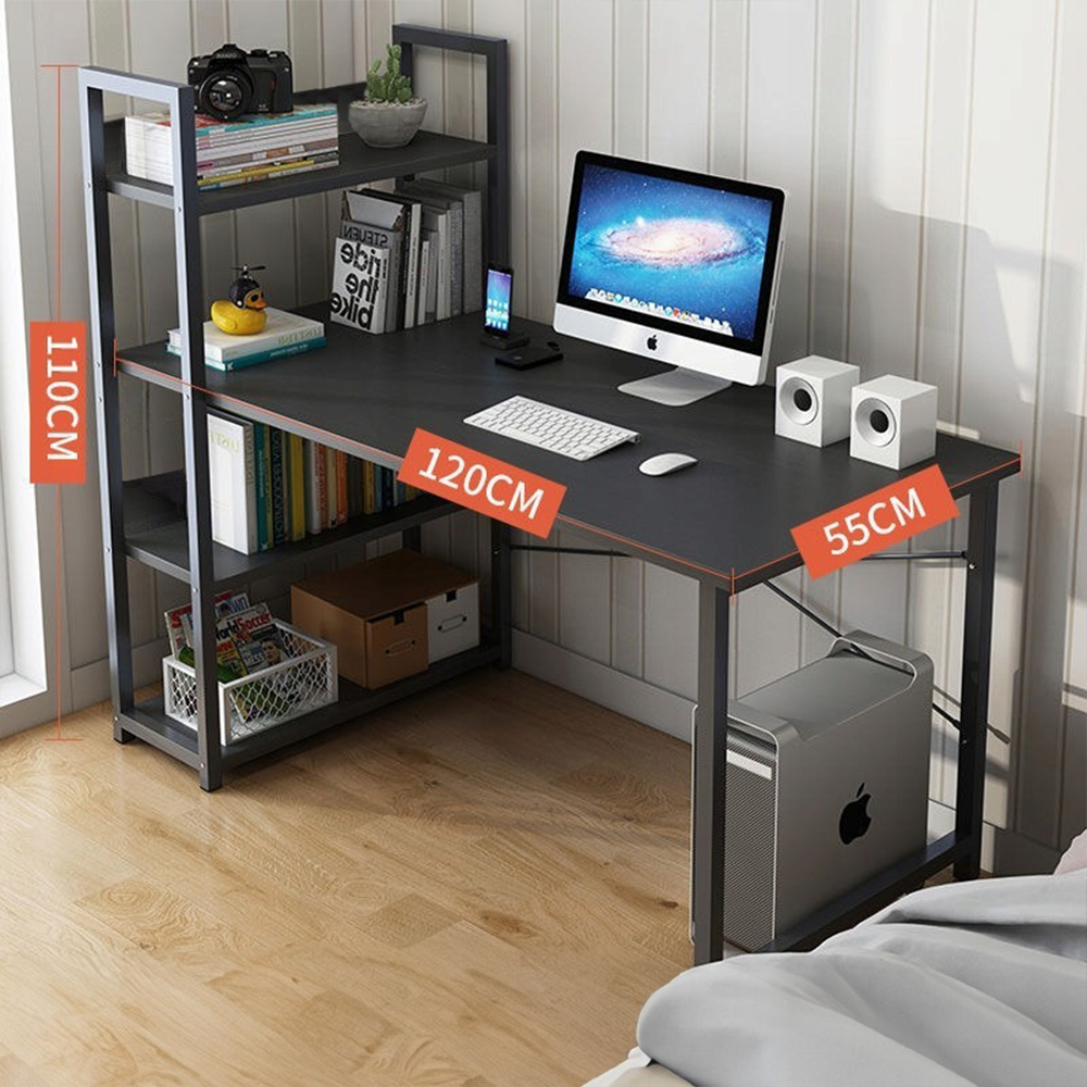 Nowoczesne biurko dla młodzieży z wbudowaną półką - 120x55x110 cm, 3 półki, MDF, czarne