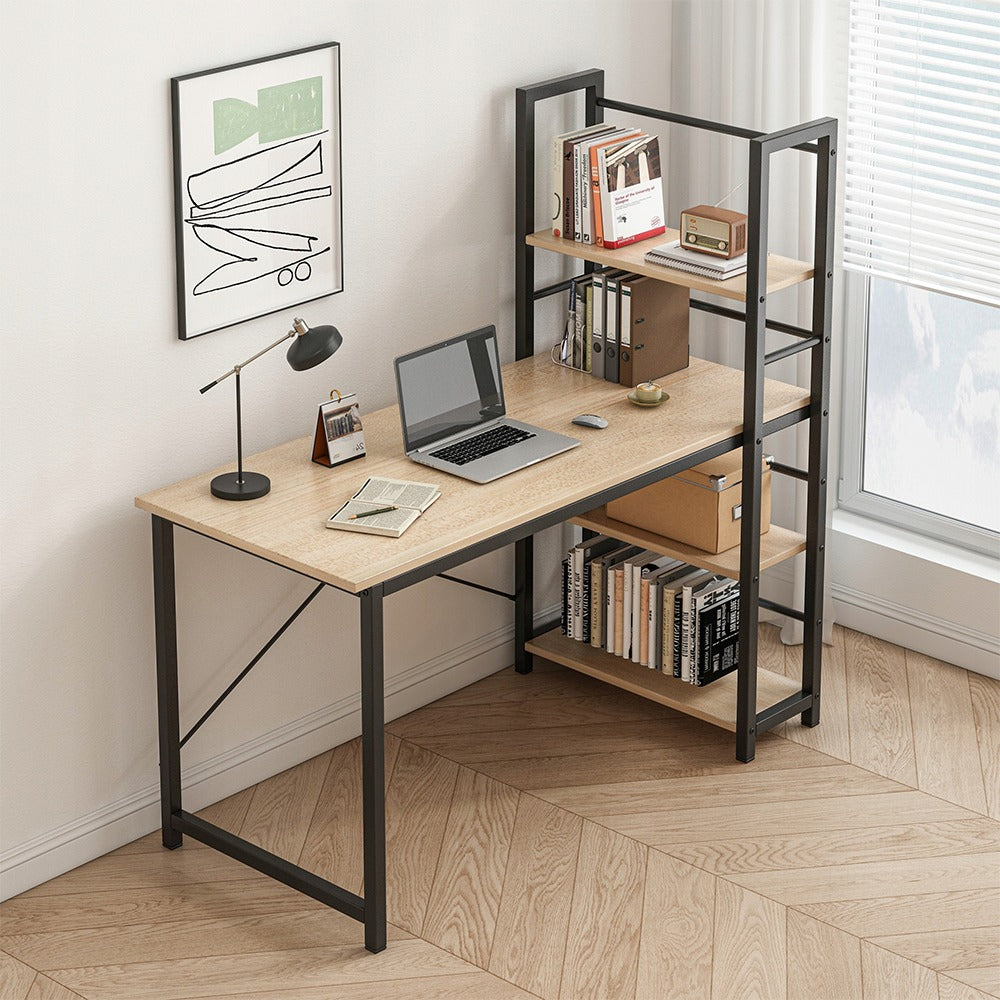 Biurko 2 w 1 z regałem - 119,5x48x120 cm - Kompaktowy design, jasny brąz, styl industrialny