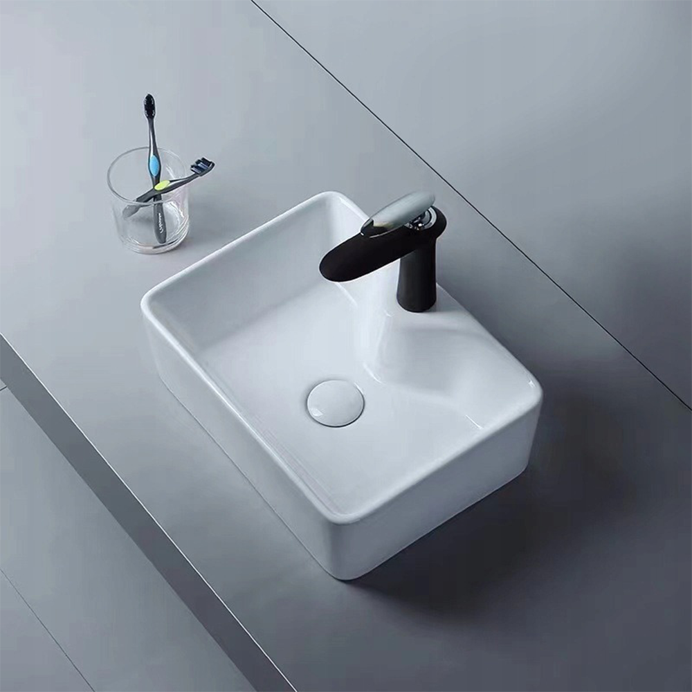 Umywalka ceramiczna Rebiko – 470 x 370 x 140 mm, biała, minimalistyczny, nowoczesny design