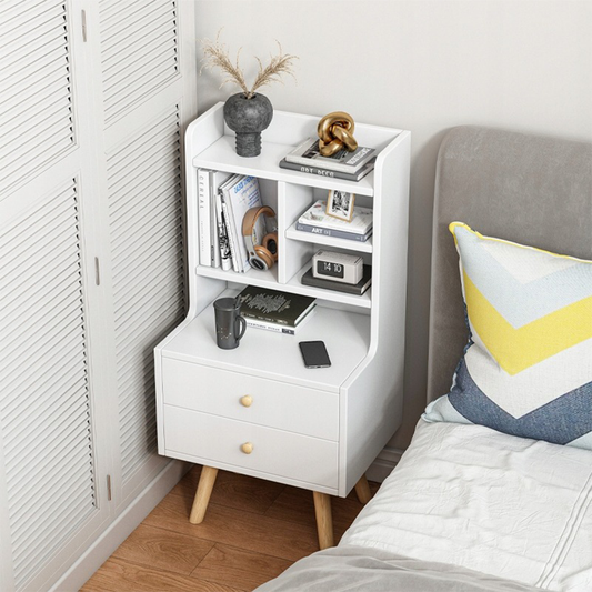 Biała szafka nocna z 2 szufladami i otwartymi półkami – 36x43x90 cm, styl skandynawski