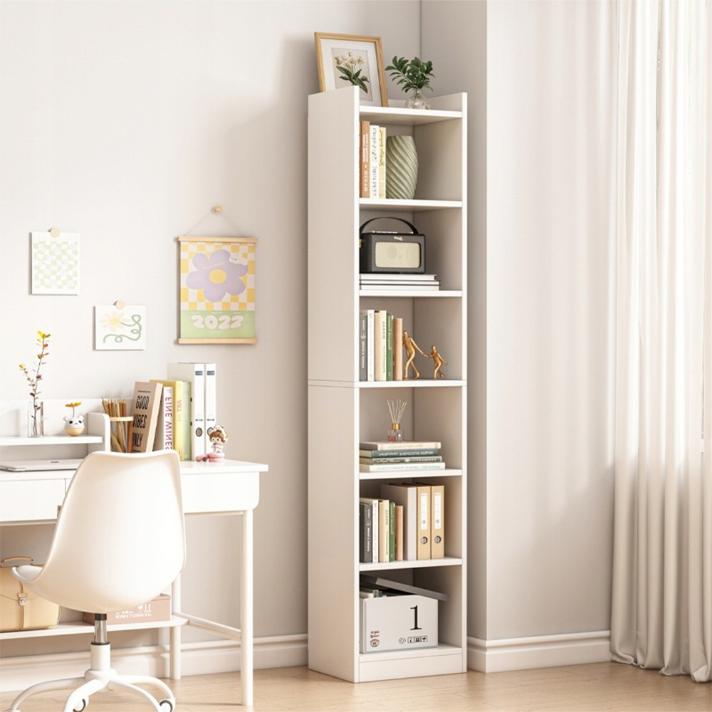 Biała szafka z 7 półkami – 180 x 40 x 30 cm – pionowy stojak na książki, styl minimalistyczny