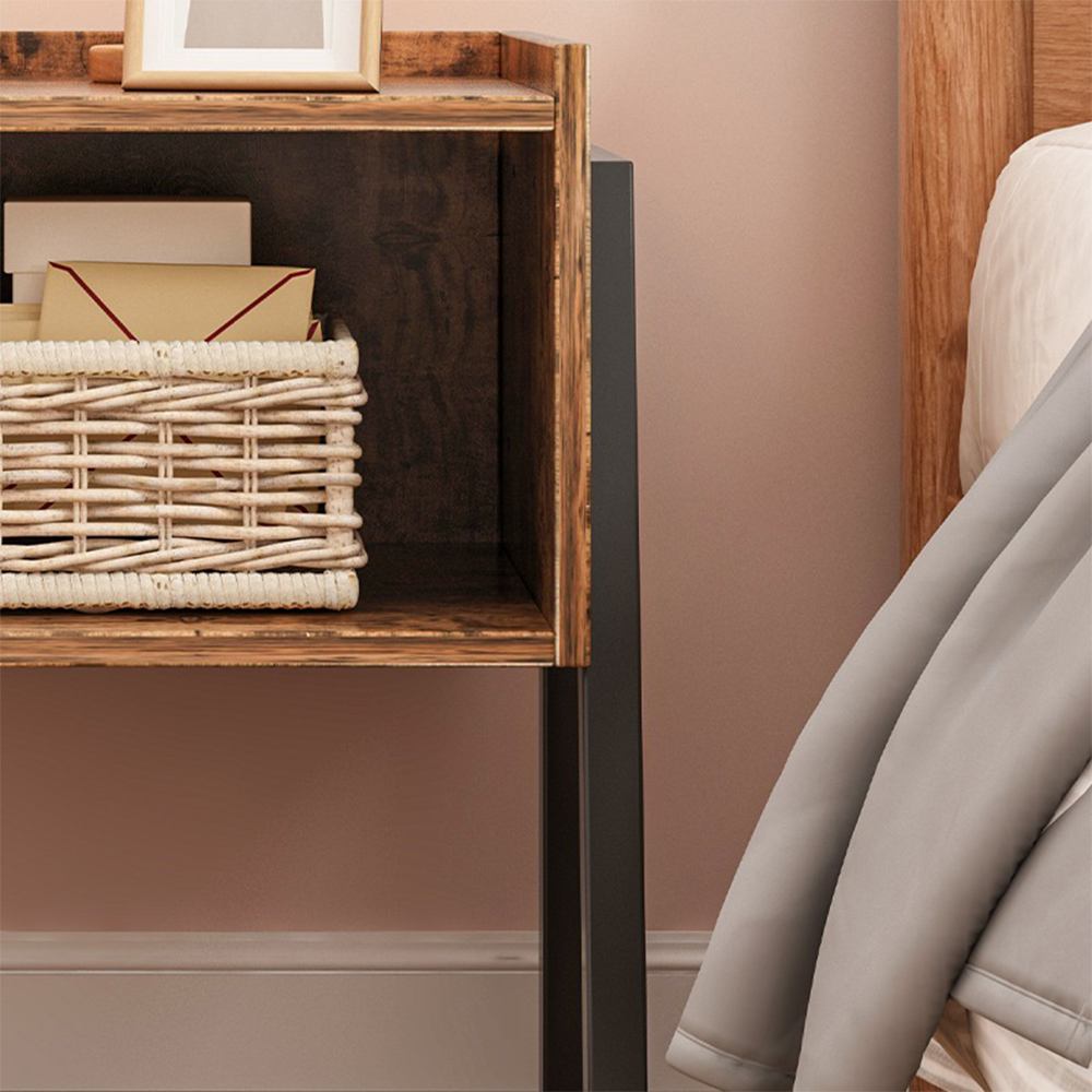 Rustykalny stolik nocny z półką – 43,5 x 35 x 51 cm, styl loftowy, MDF, brązowy