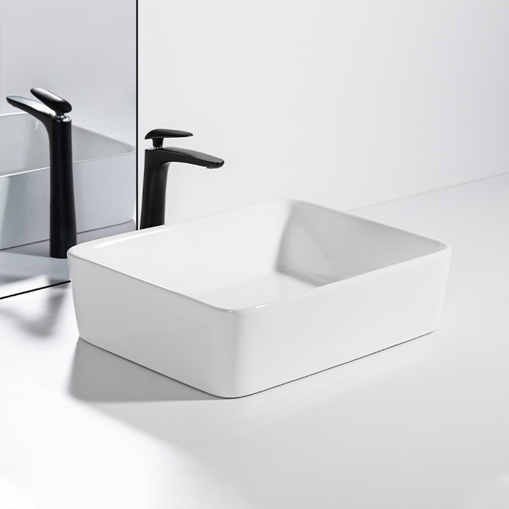 Umywalka ceramiczna Rebiko – 490 x 380 x 140 mm, biała, nowoczesny i minimalistyczny design