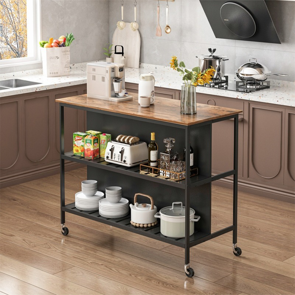 Stół barowy z półkami i kółkami, 120 x 60 x 97 cm – nowoczesny design loftowy, ciemnobrązowy/czarny