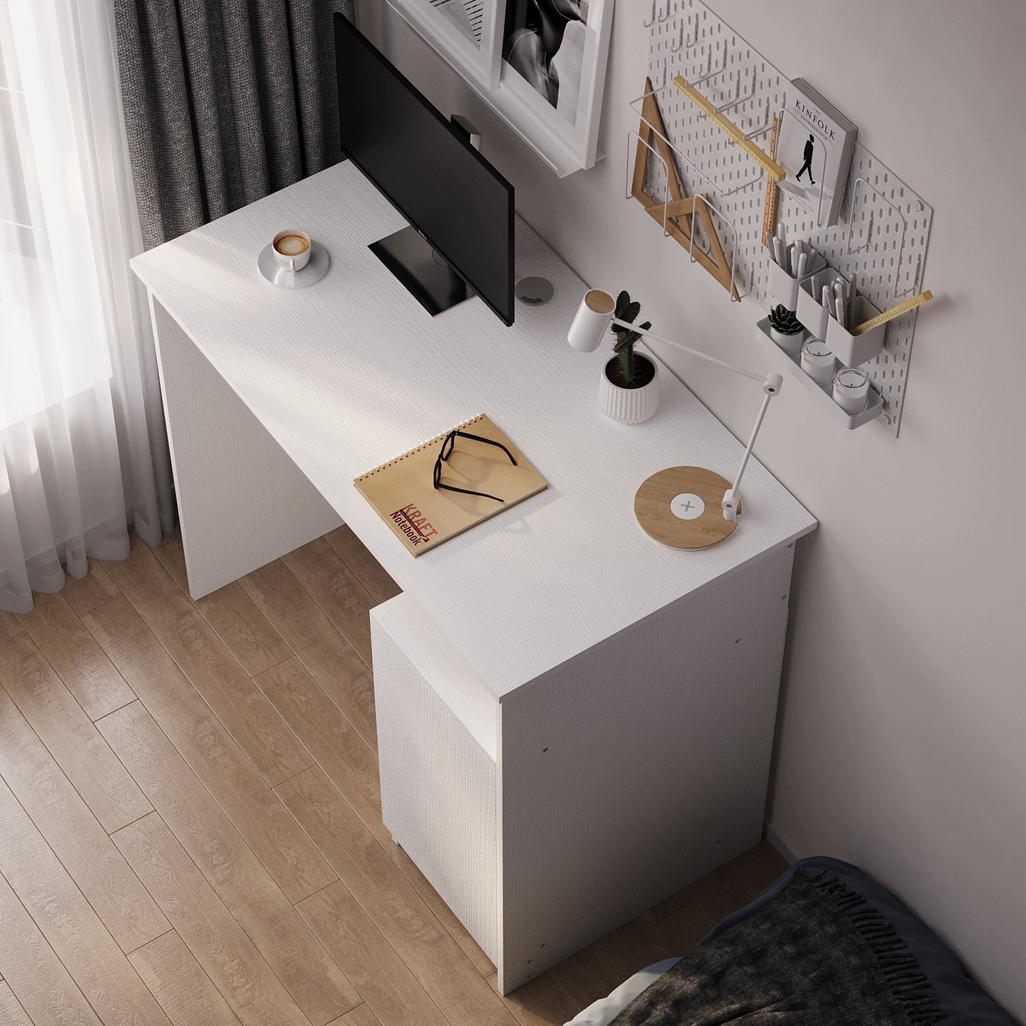 Biurko komputerowe z półką białe z szafką - 90 cm