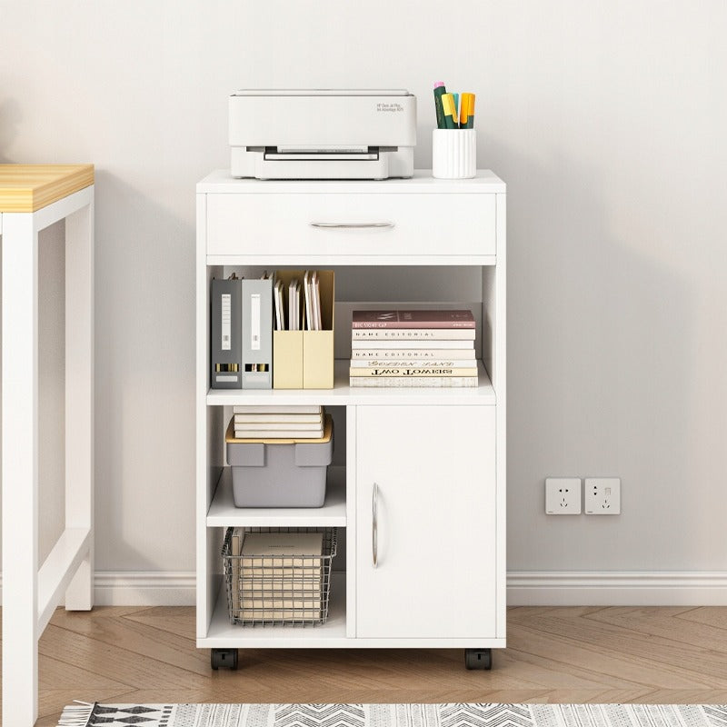Biała szafka biurowa z półkami i szufladą – 50 x 40 x 75 cm – miejsce do przechowywania pod drukarką