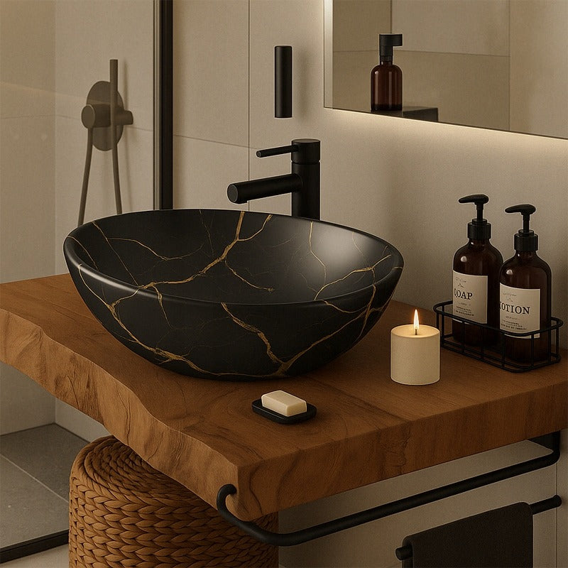 Umywalka, czarna matowa marmurowa owalna ceramiczna 41x34,5 cm