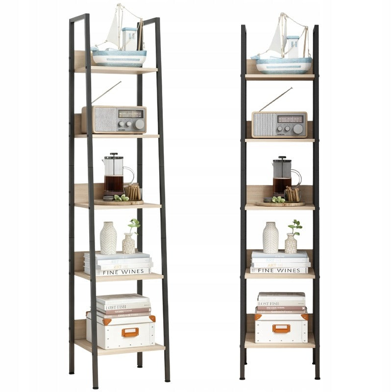 Industrialny wysoki regał stojący jasny brąz 5 półek drabinka na książki