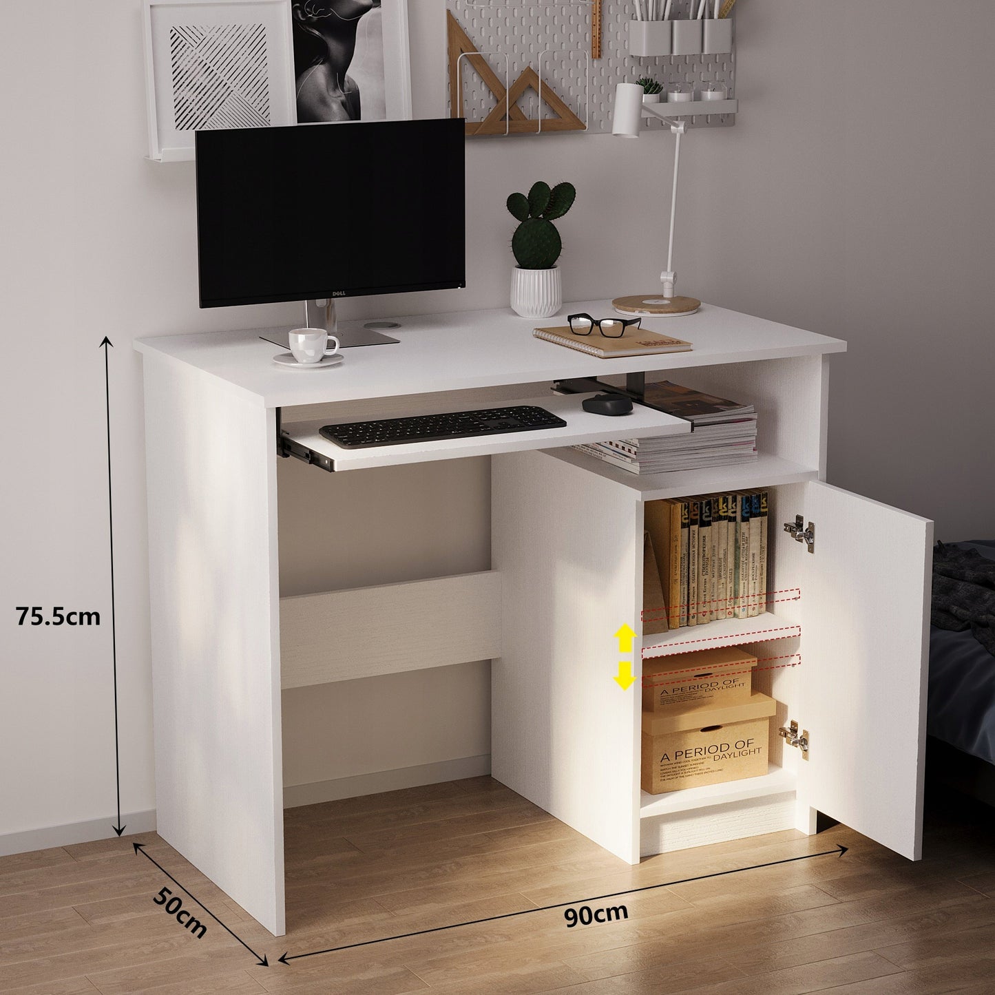 Biurko komputerowe z półką białe z szafką - 90 cm