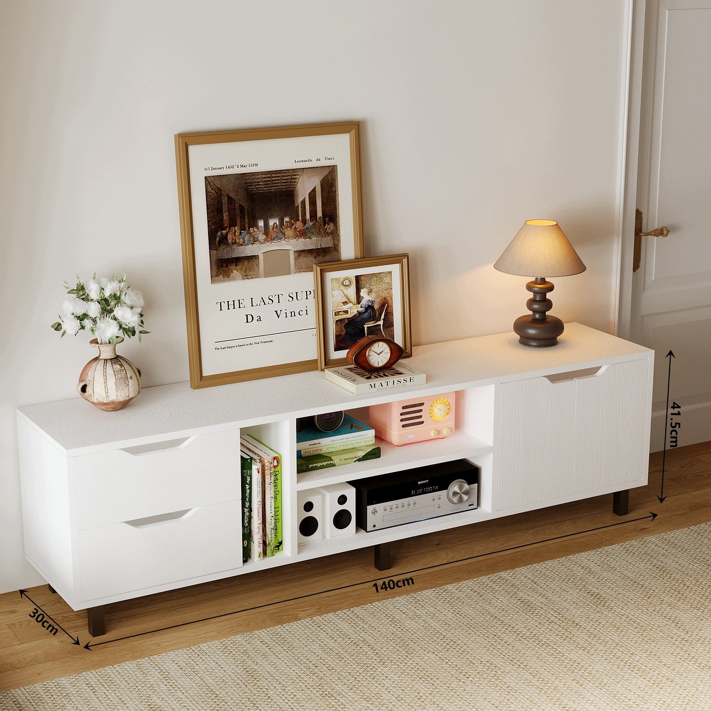Szafka rtv pod TV skandynawska – biała, 140 cm
