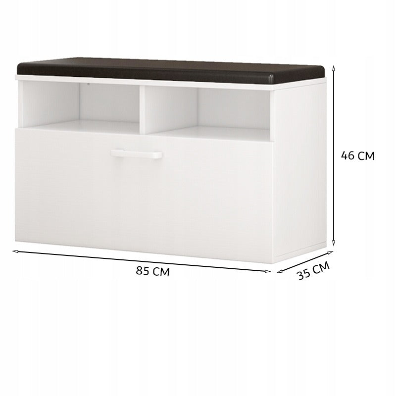Biała szafka na buty z siedziskiem i schowkiem