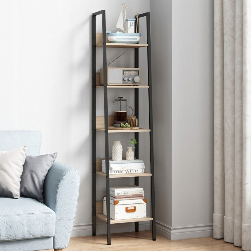 Industrialny wysoki regał stojący jasny brąz 5 półek drabinka na książki