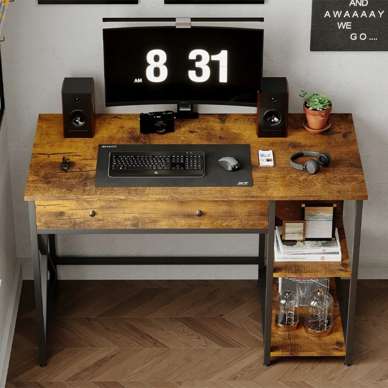 Biurko komputerowe loft / industrial – rustykalny brąz z szufladą I półkami