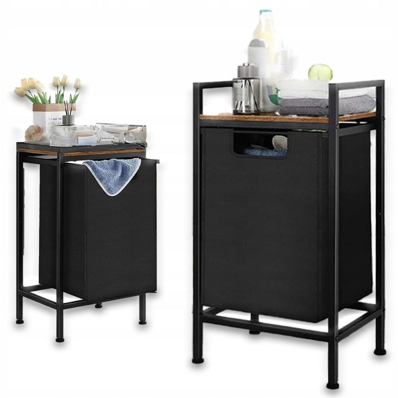 Kosz na pranie wolnostojący z półką industrialny loft drewniany retro 72 cm