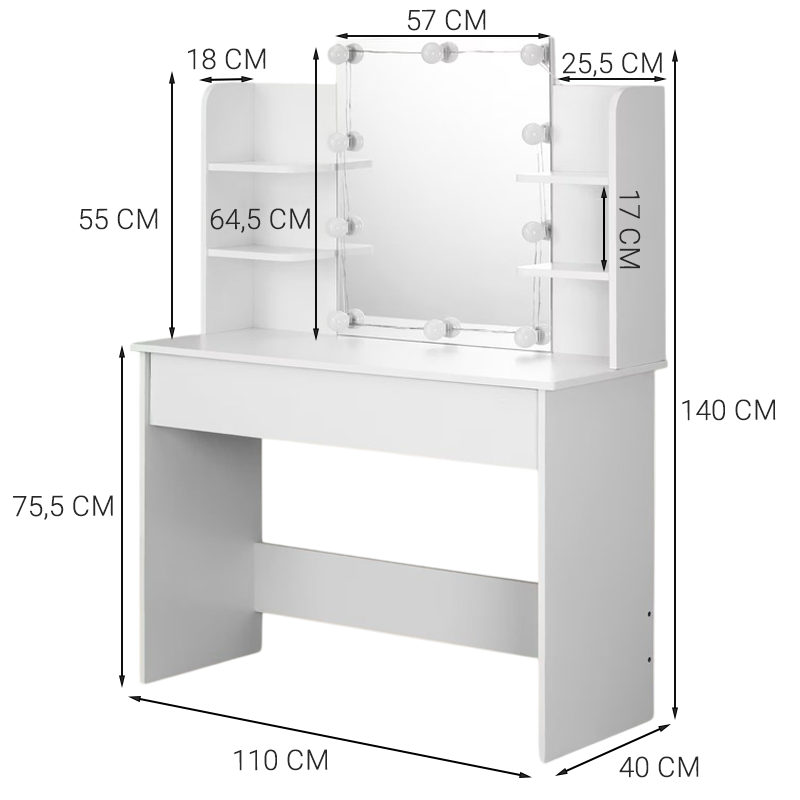 Toaletka kosmetyczna z lustrem LED 110 cm – nowoczesna toaletka do makijażu i wizażu w stylu loft